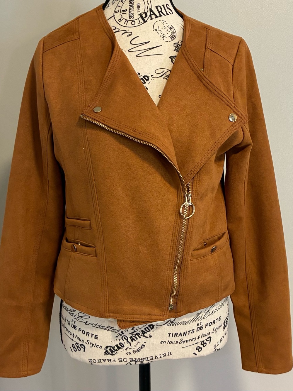Haute Monde Faux Suede Moto Jacket Cognac Brown Zip Front Size M